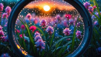 Flower Meadow at Sunset Framed by Circle Reflecting Raindrops photo