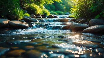 Flowing Stream Water with Rocks and Sunlight in Lush Forest photo
