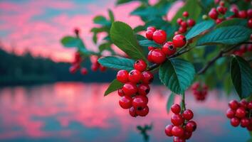 Red Berries on Branch with Green Leaves and Water Reflection photo