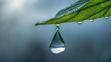 Water Drop Hanging From Green Leaf with Dew in Close-up photo