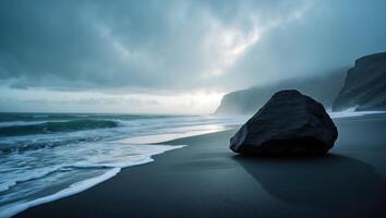 Rock on Moody Beach with Crashing Waves and Coastal Cliffs photo