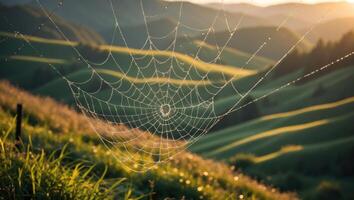 Spiderweb Covered in Dew Hangs Above Grassy Field at Sunrise photo
