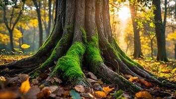 Tree Trunk Covered in Moss with Fallen Leaves at Forest photo