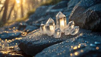 Glowing Crystals Cluster on Rock Formation with Bokeh Forest Background photo