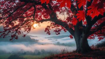 Foggy Valley Landscape with Red Maple Tree at Sunrise Serenity photo
