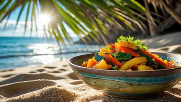 Bowl of Colorful Vegetables on Beach with Palm Trees and Ocean View photo