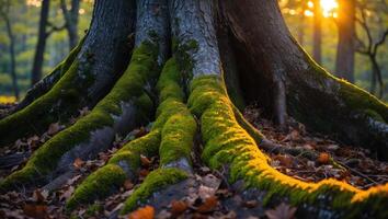 Tree Roots Covered in Moss at Sunset in a Forest Setting photo