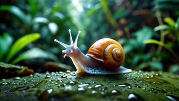 Snail Crawling on Wet Leaf in Forest Environment with Water Droplets photo