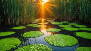 Lily Pads Floating on Pond at Sunset with Sun Rays Shining photo