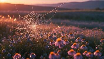 Spiderweb with Dew Drops in Field of Flowers at Sunrise photo