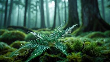Fern Growing in Forest with Moss and Tree Trunks in Background photo