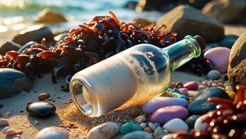 Bottle with Sand on Beach with Seaweed and Colorful Stones photo