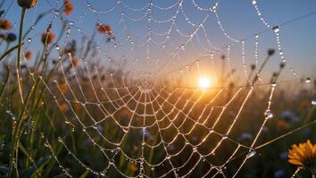 Spiderweb with Dew Drops Catching Sunlight in a Meadow at Sunrise photo