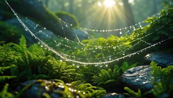 Dew Drops on Spiderweb Shines in Forest with Sun Rays photo