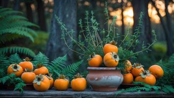 Arrangement of Persimmons and Ferns in a Forest Setting with Sunset photo