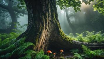 Mystical Forest Scene Featuring Large Tree, Ferns, and Small Mushrooms photo