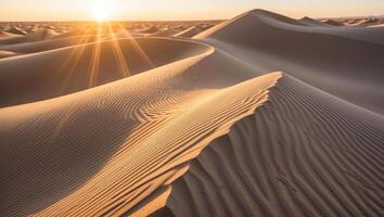 Sand Dunes Landscape with Golden Light and Textured Patterns in Desert photo
