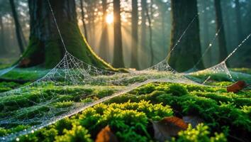 Spiderweb with Dew in Forest Morning Sunlight Through Trees photo