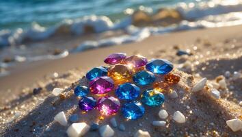 Gems on Sand Colorful Jewels Sparkling Near Ocean Waves photo