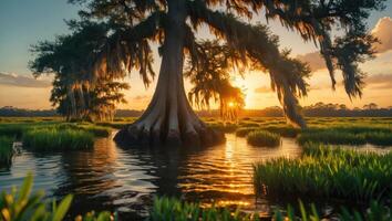 Tree Standing in Water with Sunset Light Shining Through Branches photo
