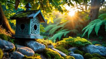 Birdhouse on Mossy Rocks at Sunset with Forest Background photo