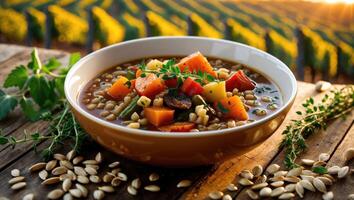 Hearty Vegetable Soup on Wooden Table with a Field Background photo