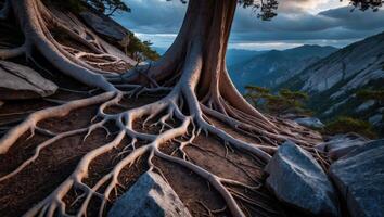 Exposed Tree Roots Clinging to Mountainside with Distant Mountain View photo