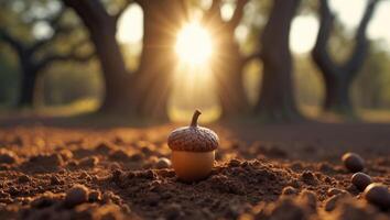 Acorn Resting on Soil with Sunlight Streaming Through Distant Trees photo