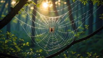 Spider Waiting on Web in Forest with Dewdrops at Sunrise photo