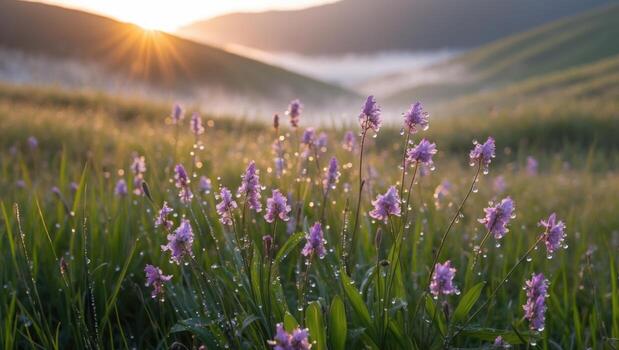 Purple Meadow Flowers with Dewdrops at Sunrise Over Rolling