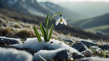 Snowdrop Blooming Through Snow on a Mountain Meadow in Springtime photo