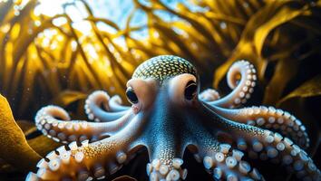 Octopus Looking Forward in Kelp Forest Underwater Scene Close-up photo