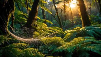 Spiderweb Hanging in Lush Forest with Sunlight Streaming Through Trees photo