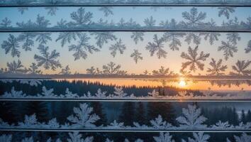Snowflake Patterned Window Overlooking a Forest at Sunset Winter Scene photo