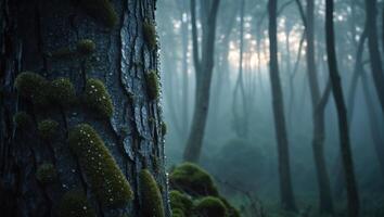 Foggy Forest View with Mossy Tree Trunk and Sunlight Glimmering photo