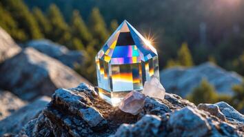 Glass Prism on Rocks Reflecting Colors in a Mountain Landscape photo