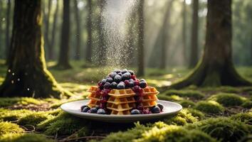 Stack of Waffles with Berries and Powdered Sugar in Forest photo