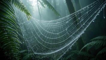 Spiderweb with Dew Drops in a Foggy Forest Scene photo