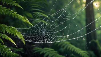 Spiderweb with Dewdrops in Forest Setting Sparkling in Morning Light photo