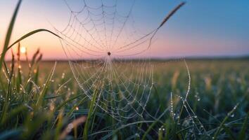 Spiderweb Covered in Dew Drops in a Grassy Meadow at Sunrise photo
