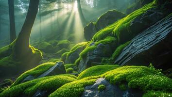 Moss Covered Rocks in Forest with Sunlight Streaming Through Trees photo