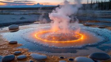 Steaming Geothermal Spring at Dusk with Rock Formations and Water photo
