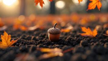 Acorn Lying on Ground with Autumn Leaves During Golden Hour photo
