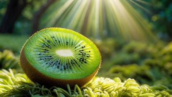 Sliced Kiwi Fruit on Green Moss with Sunlight Shining Through Trees photo
