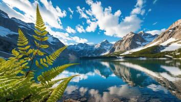 Reflecting Mountain Lake with Ferns and Blue Sky Landscape photo