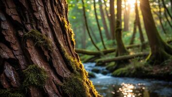 Mossy Tree Trunk Bordering Sparkling Stream in Lush Forest Sunlight photo