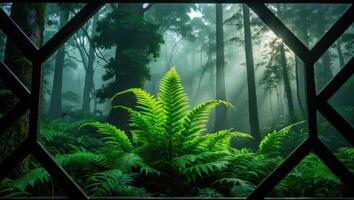 Viewing Ferns in Misty Forest Through Window Creates Tranquil Scene photo