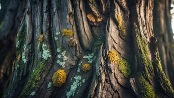 Examining Ancient Tree Bark Texture Covered in Moss and Lichen photo