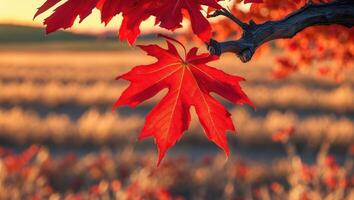 Red Maple Leaf Hanging From Branch with Golden Field Backdrop photo