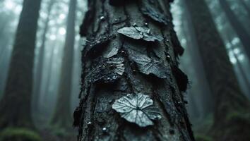 Tree Bark Close-up in Foggy Forest with Leaf-shaped Lichens photo